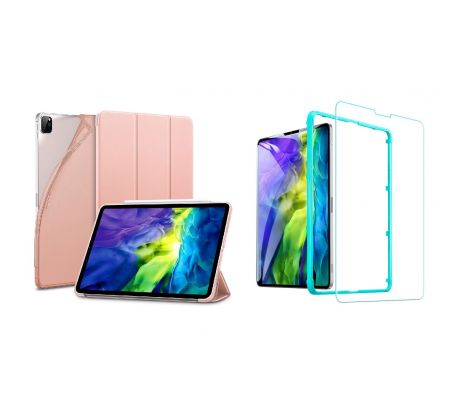 Trifold Smart Case - kryt se stojánkem pro iPad Pro 11" 2018/ 2020/ 2021 - ružový + Ochranné tvrzené sklo s instalačním rámečkem    