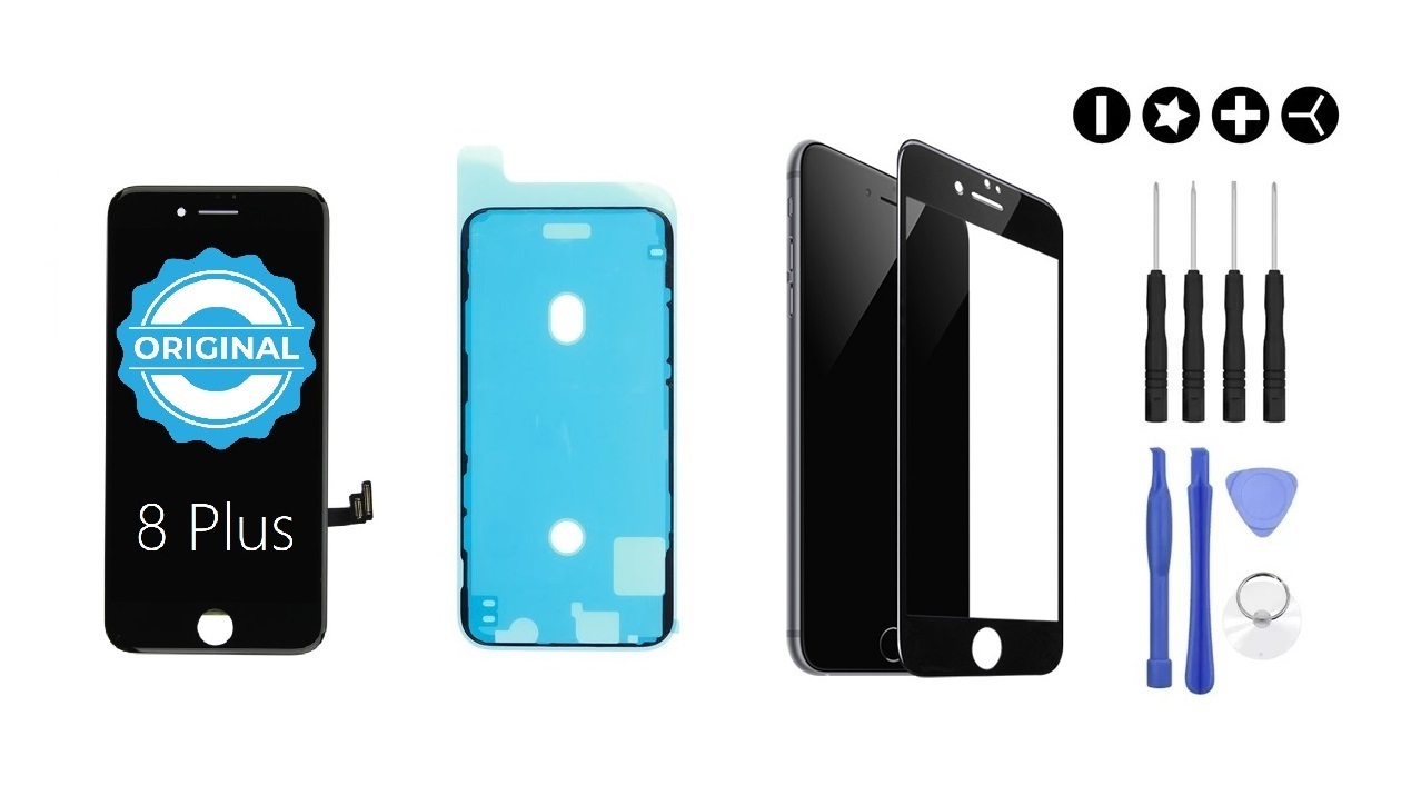 MULTIPACK - ORIGINAL Černý LCD displej pro iPhone 8 Plus + LCD adhesive (lepka pod displej) + 3D ochranné sklo + sada nářadí