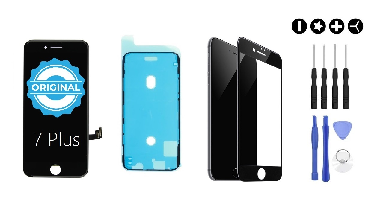 MULTIPACK - ORIGINAL Černý LCD displej pro iPhone 7 Plus + LCD adhesive (lepka pod displej) + 3D ochranné sklo + sada nářadí