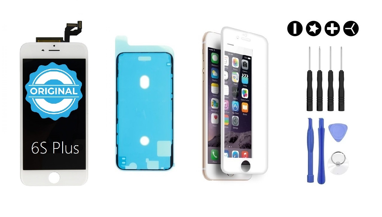 MULTIPACK - ORIGINAL Bílý LCD displej pro iPhone 6S Plus + LCD adhesive (lepka pod displej) + 3D ochranné sklo + sada nářadí