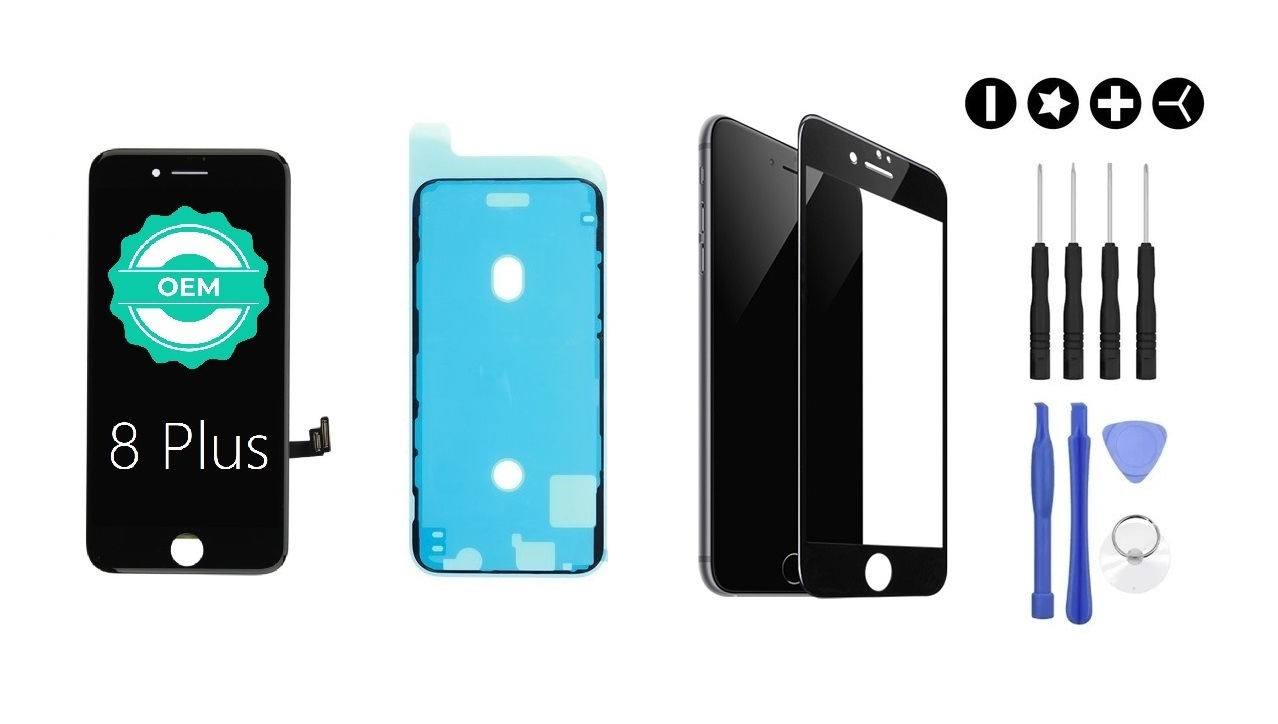 MULTIPACK - Černý LCD displej pro iPhone 8 Plus + LCD adhesive (lepka pod displej) + 3D ochranné sklo + sada nářadí