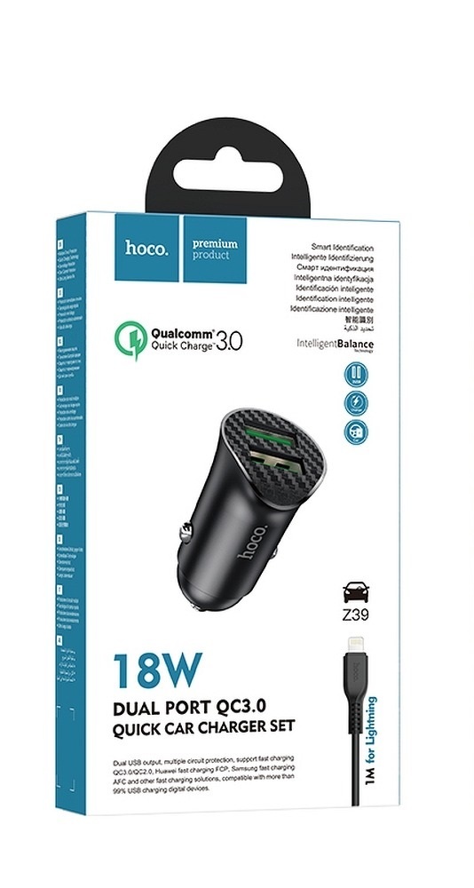 HOCO autonabíječka - 2 x USB QC3.0 18W + USB kabel Apple Lightning Z39