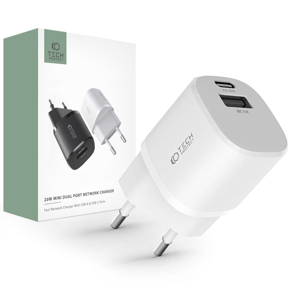 SÍŤOVÁ NABÍJEČKA NA MOBIL A TABLET TECH-PROTECT C20W MINI 2-PORT NETWORK CHARGER PD20W/QC3.0 WHITE