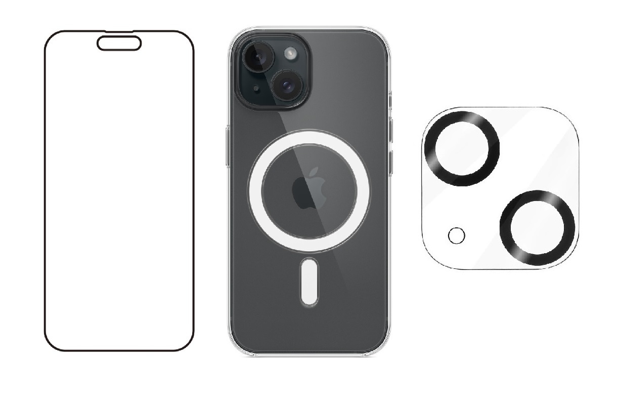3PACK - Hydrogel s výřezem pro přední kameru + Crystal Air kryt s MagSafe + ochranné sklíčko kamery pro iPhone 15 Plus