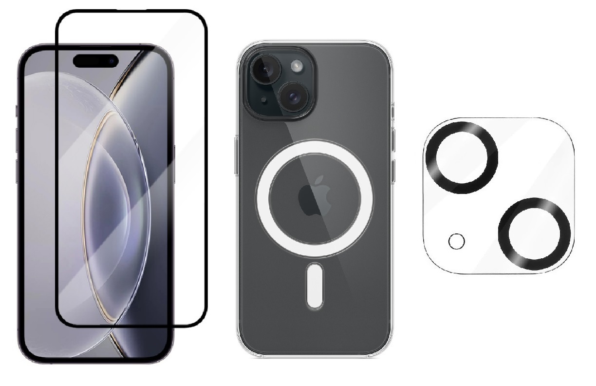 3PACK - 3D Ochranné sklo + Crystal Air kryt s MagSafe + ochranné sklíčko kamery pro iPhone 15 Plus