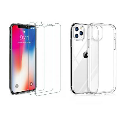 4PACK - 3x ochranné tvrzené sklo (s horním výřezem na přední kameru) + průsvitný kryt - iPhone 11 Pro