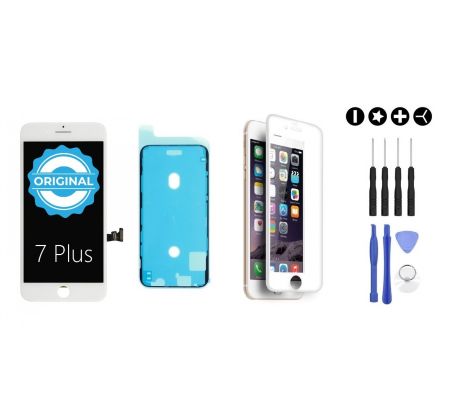 MULTIPACK - ORIGINAL Bílý LCD displej pro iPhone 7 Plus + LCD adhesive (lepka pod displej) + 3D ochranné sklo + sada nářadí