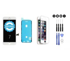 MULTIPACK - ORIGINAL Bílý LCD displej pro iPhone 7 + LCD adhesive (lepka pod displej) + 3D ochranné sklo + sada nářadí