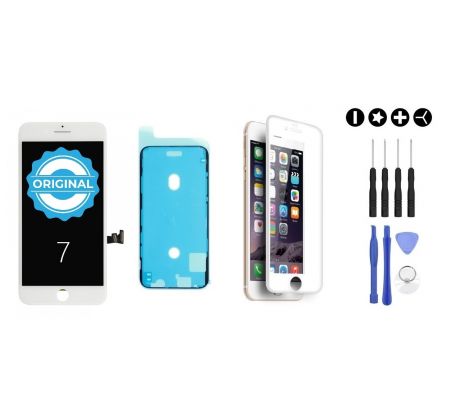 MULTIPACK - ORIGINAL Bílý LCD displej pro iPhone 7 + LCD adhesive (lepka pod displej) + 3D ochranné sklo + sada nářadí