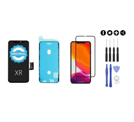 MULTIPACK - ORIGINAL černý displej pro iPhone XR + screen adhesive (lepka pod displej) + 3D ochranné sklo + sada nářadí