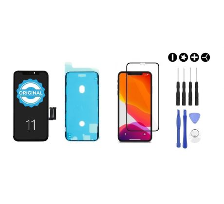 MULTIPACK - ORIGINAL Černý LCD displej pro iPhone 11 + screen adhesive (lepka pod displej) + 3D ochranné sklo + sada nářadí