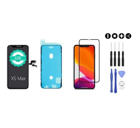 MULTIPACK - Černý LCD displej pro iPhone XS Max + screen adhesive (lepka pod displej) + 3D ochranné sklo + sada nářadí