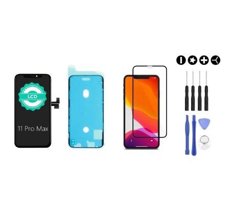 MULTIPACK - Černý LCD displej pro iPhone 11 Pro Max + screen adhesive (lepka pod displej) + 3D ochranné sklo + sada nářadí