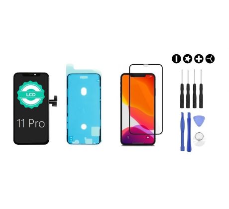 MULTIPACK - Černý LCD displej pro iPhone 11 Pro + screen adhesive (lepka pod displej) + 3D ochranné sklo + sada nářadí