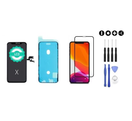 MULTIPACK - Černý LCD displej pro iPhone X + screen adhesive (lepka pod displej) + 3D ochranné sklo + sada nářadí