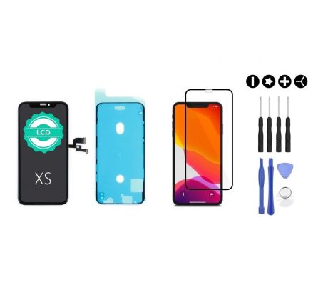 MULTIPACK - Černý LCD displej pro iPhone XS + screen adhesive (lepka pod displej) + 3D ochranné sklo + sada nářadí