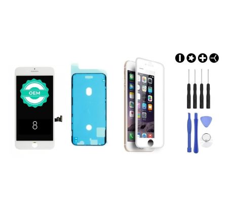 MULTIPACK - Bílý LCD displej pro iPhone 8 + LCD adhesive (lepka pod displej) + 3D ochranné sklo + sada nářadí