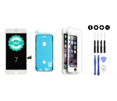 MULTIPACK - Bílý LCD displej pro iPhone 7 + LCD adhesive (lepka pod displej) + 3D ochranné sklo + sada nářadí