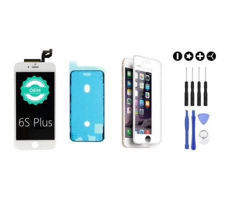 MULTIPACK - Bílý LCD displej pro iPhone 6S Plus + LCD adhesive (lepka pod displej) + 3D ochranné sklo + sada nářadí