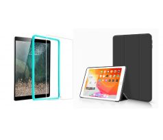 Trifold Smart Case - kryt se stojánkem pro iPad 9.7 2017/2018/iPad 5/Air/iPad 6/Air 2 - černý + Ochranné tvrzené sklo s instalačním rámečkem