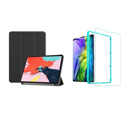 Trifold Smart Case - kryt se stojánkem pro iPad Air 4/iPad Air 5 - černý + Ochranné tvrzené sklo s instalačním rámečkem      