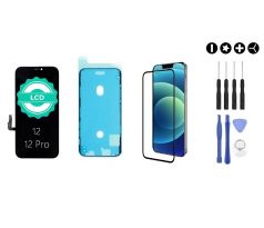 MULTIPACK - Černý LCD displej pro iPhone 12/12 Pro + screen adhesive (lepka pod displej) + 3D ochranné sklo + sada nářadí