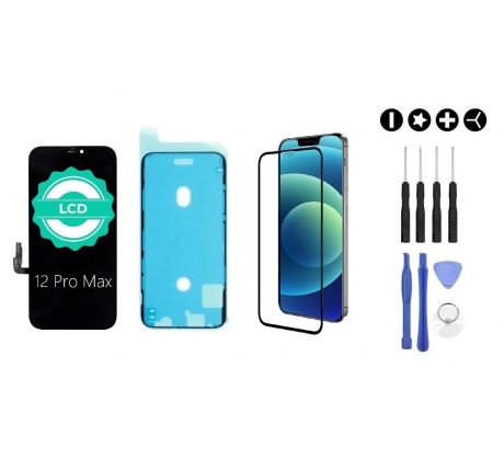 MULTIPACK - Černý LCD displej pro iPhone 12 Pro Max + screen adhesive (lepka pod displej) + 3D ochranné sklo + sada nářadí