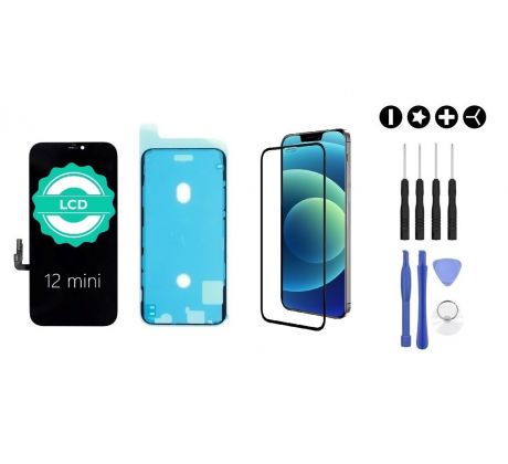 MULTIPACK - Černý LCD displej pro iPhone 12 mini + screen adhesive (lepka pod displej) + 3D ochranné sklo + sada nářadí