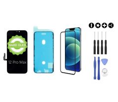 MULTIPACK - Černý OLED displej pro iPhone 12 Pro Max + screen adhesive (lepka pod displej) + 3D ochranné sklo + sada nářadí