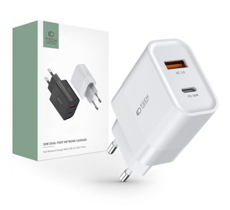 SÍŤOVÁ NABÍJEČKA NA MOBIL A TABLET TECH-PROTECT C30W 2-PORT NETWORK CHARGER PD30W/QC3.0 WHITE