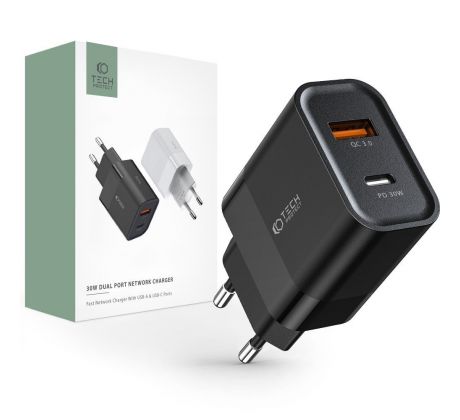 SÍŤOVÁ NABÍJEČKA NA MOBIL A TABLET TECH-PROTECT C30W 2-PORT NETWORK CHARGER PD30W/QC3.0 BLACK