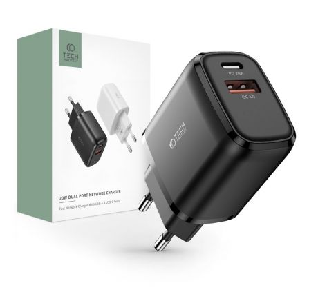 SÍŤOVÁ NABÍJEČKA NA MOBIL A TABLET TECH-PROTECT C20W 2-PORT NETWORK CHARGER PD20W/QC3.0 BLACK