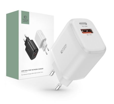 SÍŤOVÁ NABÍJEČKA NA MOBIL A TABLET TECH-PROTECT C20W 2-PORT NETWORK CHARGER PD20W/QC3.0 WHITE