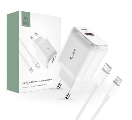 SÍŤOVÁ NABÍJEČKA NA MOBIL A TABLET TECH-PROTECT C20W 2-PORT NETWORK CHARGER PD20W/QC3.0 + LIGHTNING CABLE WHITE