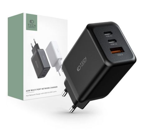 SÍŤOVÁ NABÍJEČKA NA MOBIL A TABLET TECH-PROTECT C65W 3-PORT NETWORK CHARGER PD65W/QC3.0 BLACK