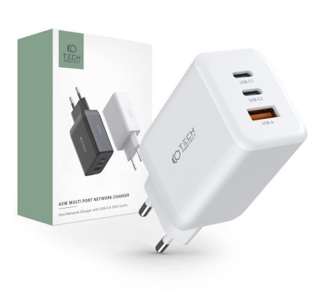SÍŤOVÁ NABÍJEČKA NA MOBIL A TABLET TECH-PROTECT C65W 3-PORT NETWORK CHARGER PD65W/QC3.0 WHITE