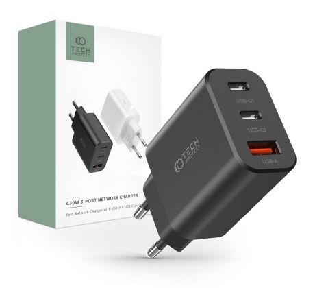 SÍŤOVÁ NABÍJEČKA NA MOBIL A TABLET TECH-PROTECT NC30W 3-PORT NETWORK CHARGER PD30W/QC3.0 BLACK