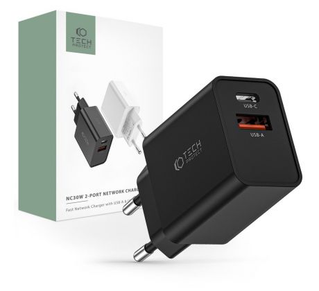 SÍŤOVÁ NABÍJEČKA NA MOBIL A TABLET TECH-PROTECT NC30W 2-PORT NETWORK CHARGER PD30W/QC3.0 BLACK