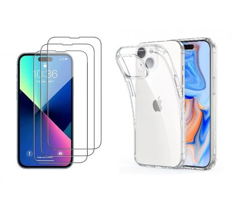 4PACK - 3x ochranné tvrzené sklo + průsvitný kryt - iPhone 15 