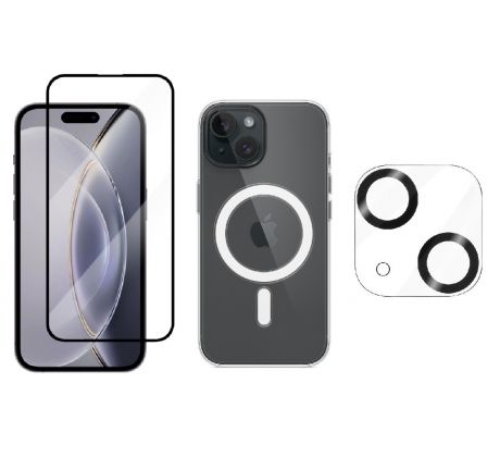 3PACK - 3D Ochranné sklo + Crystal Air kryt s MagSafe + ochranné sklíčko kamery pro iPhone 15 Plus 