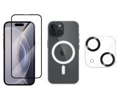 3PACK - 3D Ochranné sklo + Crystal Air kryt s MagSafe + ochranné sklíčko kamery pro iPhone 15 