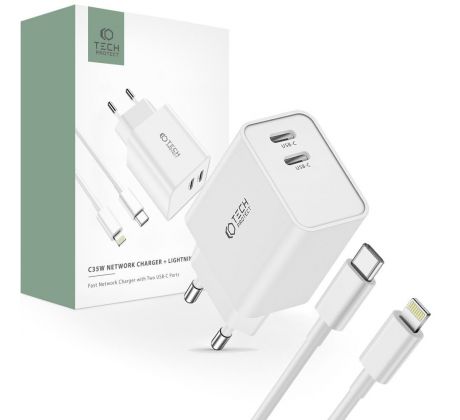 SÍŤOVÁ NABÍJEČKA NA MOBIL A TABLET TECH-PROTECT C35W 2-PORT NETWORK CHARGER PD35W + LIGHTNING CABLE WHITE