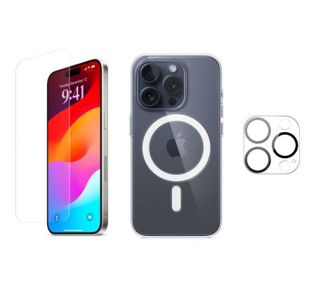3PACK - Ochranné sklo + Crystal Air kryt s MagSafe + ochranné sklíčko kamery pro iPhone 15 Pro 
