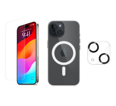 3PACK - Ochranné sklo + Crystal Air kryt s MagSafe + ochranné sklíčko kamery pro iPhone 15