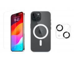 3PACK - Ochranné sklo + Crystal Air kryt s MagSafe + ochranné sklíčko kamery pro iPhone 15 Plus