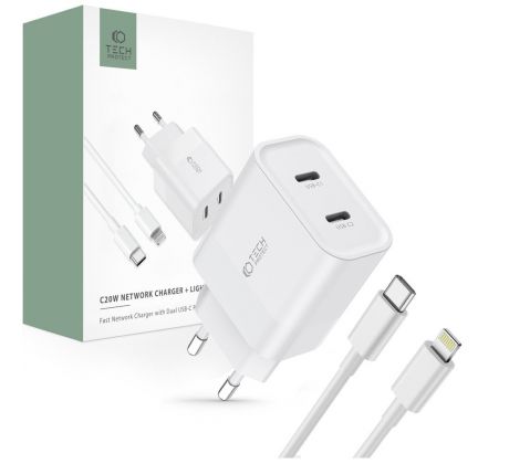 SÍŤOVÁ NABÍJEČKA NA MOBIL A TABLET TECH-PROTECT C20W 2-PORT NETWORK CHARGER PD20W + LIGHTNING CABLE WHITE