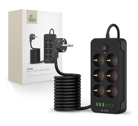 NAPÁJECÍ LIŠTA TECH-PROTECT PC6X6 POWER STRIP 3 USB & 3 TYPE-C & 6 SOCKET 200CM BLACK