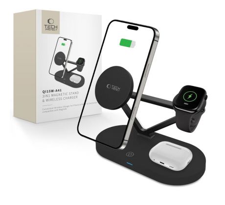BEZDRÁTOVÁ NABÍJEČKA TECH-PROTECT QI15W-A41 3IN1 MAGNETIC MAGSAFE WIRELESS CHARGER BLACK