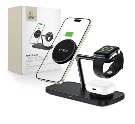 BEZDRÁTOVÁ NABÍJEČKA TECH-PROTECT QI15W-A45 3IN1 MAGNETIC MAGSAFE WIRELESS CHARGER BLACK
