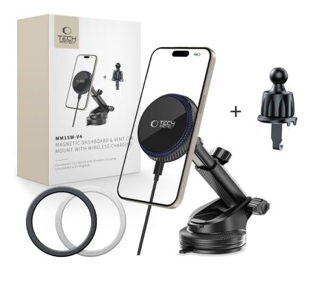 TECH-PROTECT mm15W-V4 MAGNETIC MAGSAFE DASHBOARD & VENT CAR MOUNT WIRELESS CHARGER 15W BLACK